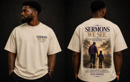 Sermons We See — Premium Streetwear Tee

Live the example.

Inspired by Edgar A. Guest’s Sermons We See, this design carries a timeless message: what we do often speaks louder than what we say. Character isn’t simply taught through words—it’s demonstrated through the way we live, lead, serve, and treat those around us.

The artwork represents the powerful influence one generation can have on the next, reminding us that someone is always watching how we walk through life. Be the example worth following.

Printed on a Shaka Wear premium heavyweight tee, the vintage-inspired artwork and elevated streetwear aesthetic combine meaningful storytelling with a substantial, relaxed oversized fit.

Details: Premium Shaka Wear heavyweight tee • 7.5 oz 100% cotton • Oversized streetwear fit • Front and back artwork • Made to order

Printed on a Shaka Wear premium heavyweight tee, the vintage-inspired artwork and elevated streetwear styling pair a meaningful message with a substantial, relaxed oversized fit.

Live the example.

Inspired by Edgar A. Guest’s Sermons We See, this design carries a timeless message: what we do often speaks louder than what we say. Character isn’t simply taught through words—it’s demonstrated through the way we live, lead, serve, and treat those around us.

The artwork represents the powerful influence one generation can have on the next, reminding us that someone is always watching how we walk through life. Be the example worth following.

Printed on a Shaka Wear premium heavyweight tee, the vintage-inspired artwork and elevated streetwear aesthetic combine meaningful storytelling with a substantial, relaxed oversized fit.

Details: Premium Shaka Wear heavyweight tee • 7.5 oz 100% cotton • Oversized streetwear fit • Front and back artwork • Made to order
