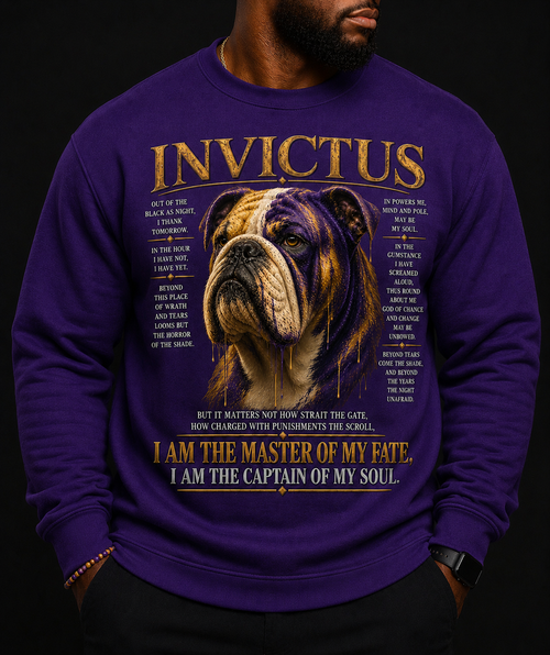 The Invictus Premium Crewneck pairs timeless words of perseverance with a bold, elevated design. A hand-painted-style English Bulldog takes center stage in rich Royal Purple and realistic Old Gold, surrounded by select lines from Invictus and finished with its iconic declaration:

“I am the master of my fate,
I am the captain of my soul.”

The painterly detailing and subtle running color give the artwork depth without sacrificing the clean, sophisticated aesthetic of the Twin Light premium collection.

Designed for those who understand that strength isn’t simply what you show—it’s what carries you through.