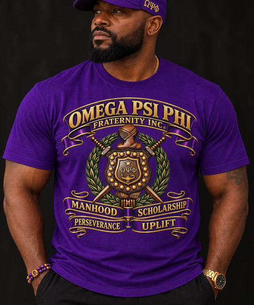 Omega Psi Phi Cardinal Principles Crest was designed to make a statement without losing the meaning behind the letters. This elevated Twin Light design brings together the fraternity’s four Cardinal Principles—Manhood, Scholarship, Perseverance, and Uplift—in a bold, richly detailed crest created for Bruhz who carry those principles beyond the letters.

The centerpiece features a commanding shield, knight’s helmet, crossed swords, laurel detailing, and ΩΨΦ symbolism, framed by deep Royal Purple and Old Gold banners. Each Cardinal Principle is prominently displayed across the lower ribbons, creating a design that honors brotherhood, achievement, endurance, and service.

With its dimensional metallic-inspired detailing and premium color palette, this piece has the look of a commemorative crest translated into wearable art. It’s equally suited for chapter events, fraternity gatherings, Homecoming, Greek celebrations, or simply representing Omega with distinction.

Available styles may include: short-sleeve tees, long-sleeve tees, performance/Dri-Fit styles, crewneck sweatshirts, and select seasonal colors.

Each Twin Light piece is made to order with attention to print quality, placement, and detail. Please allow 5–7 business days for processing prior to shipping.

Twin Light Clothing Company — Elevated Greek Apparel. Made to Represent More.