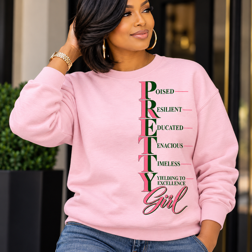 There’s PRETTY—and then there’s The PRETTY Standard™.

Created as a celebration of confidence, character, achievement, and excellence, this statement design gives new meaning to every letter:

P — Poised
R — Resilient
E — Educated
T — Tenacious
T — Timeless
Y — Yielding to Excellence

Finished with the flowing Girl signature, the asymmetrical vertical design creates a sophisticated look that feels just as natural styled with sneakers as it does layered over a crisp white Oxford with denim, heels, and your favorite accessories.

PRETTY was never just about appearance. It’s a standard.