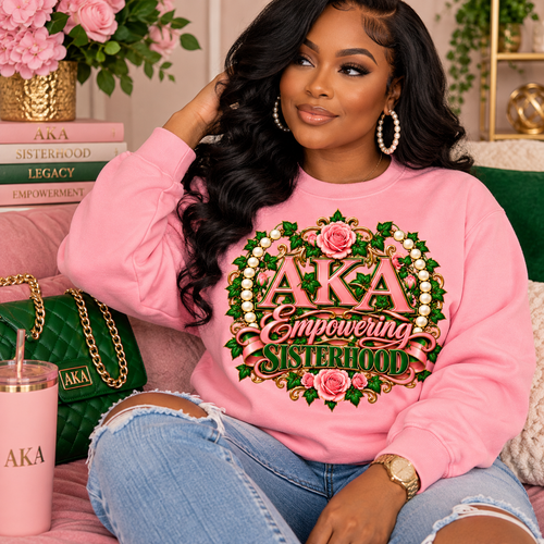 AKA Empowering SisterhoodSisterhood is more than a bond—it’s a legacy of women empowering women.

The AKA Empowering Sisterhood design celebrates the beauty, strength, and connection of Alpha Kappa Alpha sisterhood. Rich pink and green, elegant roses, lush ivy, pearl accents, and sophisticated gold detailing come together in a bold, feminine statement designed to honor a sisterhood rooted in service, support, excellence, and uplift.

At the center, “Empowering Sisterhood” speaks to generations of women who encourage one another, pour into their communities, celebrate each other’s accomplishments, and continue creating opportunities for those who follow.

With its elevated vintage-inspired artwork and luxurious detailing, this design captures the premium aesthetic of Twin Light Clothing Company while remaining versatile enough to dress up or down. Pair it with denim and sneakers for an effortless look, or style your sweatshirt with a crisp collared shirt and accessories for a polished AKA ensemble.

Perfect for chapter events, conferences, reunions, Founders’ Day celebrations, sisterhood gatherings, service events, or everyday wear.

Empowered women empower women. Sisterhood carries it forward.

Made to order with care. Please allow 5–7 business days for processing.