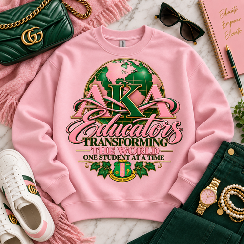AKA Educators — Transforming the World

Celebrate the women who do more than teach—they inspire, empower, and transform lives. The AKA Educators: Transforming the World One Student at a Time design was created as a sophisticated tribute to Alpha Kappa Alpha women whose commitment to education leaves a lasting impact on every generation they touch.

Rich shades of AKA pink and green are elevated with elegant gold detailing, while the statement globe represents the far-reaching influence of educators. The bold AKA lettering flows beautifully into the feminine Educators script, anchored by the powerful message:

“Transforming the World One Student at a Time.”

Polished, fashionable, and meaningful, this design brings together sisterhood, service, education, and global impact in a look that can be dressed up or worn casually. From the classroom and campus to conferences, chapter gatherings, educator celebrations, and everyday wear, it was designed for the educator who understands that changing the world often begins with reaching one student at a time.

Perfect for: AKA educators, teachers, professors, administrators, counselors, school leaders, education professionals, retired educators, and thoughtful gifts for the women who dedicate their lives to helping others learn and grow.

Twin Light Clothing Company — where purpose meets style.