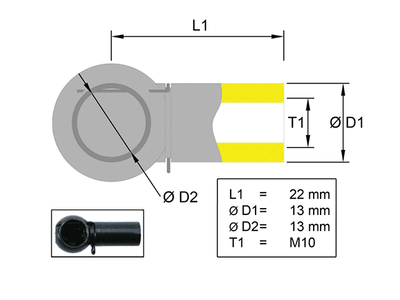 Ball socket, Metal; L=22; Ball Ø13; M10
