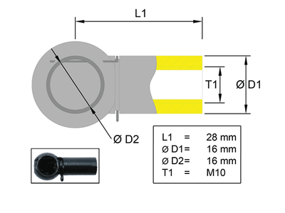 Ball socket, Metal; L=28; Ball Ø16; M10