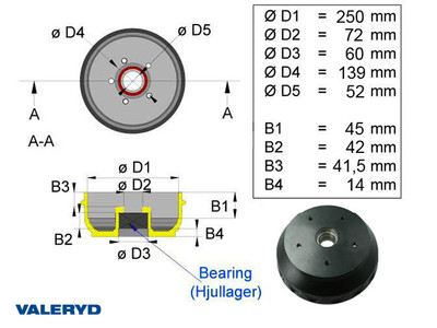 Brake drum 250x40 5x139 Knott Compact wheel bearing 