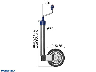 Jockey wheel Ø60mm Metal rim. Solid rubber wheel 215x65mm Support load 250Kg