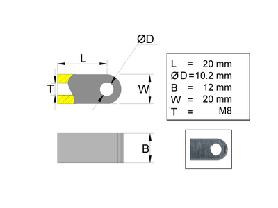 Hinge eye for gas spring; L=20; M8