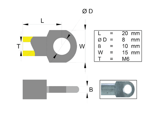 Hinge eye for gas spring stainless steel; L=20; M6 [6820040]