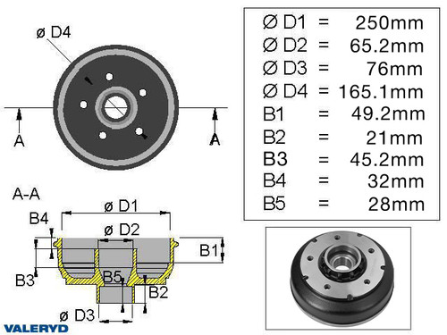 Brake drum Ifor Williams 250x40 5x165.1