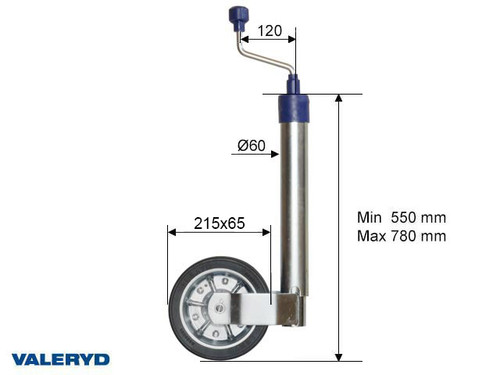 Jockey wheel Ø60mm Metal rim. Solid rubber wheel 215x65mm Support load 500 Kg