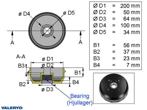 Brake drum 200x50 4x100 fits Knott/Schlegl compact bearing [4010506]