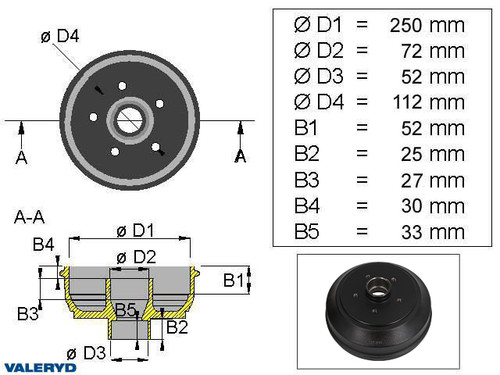 Brake drum 250x40 5x112 Knott metric bearing  [1095007]