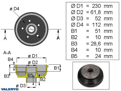 Brake drum 230x40 5x112 Hahn B/BA/BAN230 / metric bearing  [1094005]