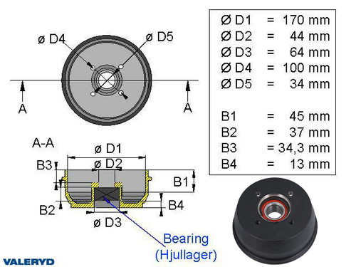 Brake drum 170x40 4x100 BPW S1704-7 compact bearing [1092013]