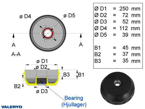 Brake drum 250x40 5x112 fits KNOTT compact bearing [1091011]