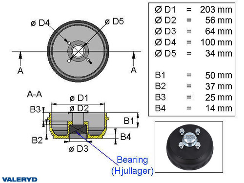 Brake drum 203,2x40 4x100 Knott Compact wheel bearing fits Avonride [1091002]
