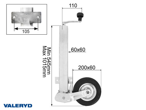Jockey wheel Ø60 mm Metal rim. Solid rubber wheel 200x60mm. Support load 200 Kg