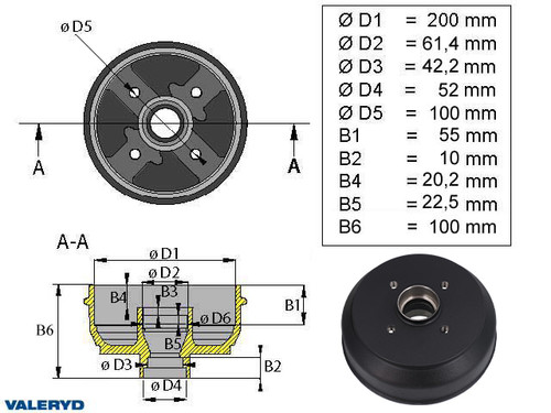 Brake drum 200x50 4x100 Knott metric bearing  [1095001]