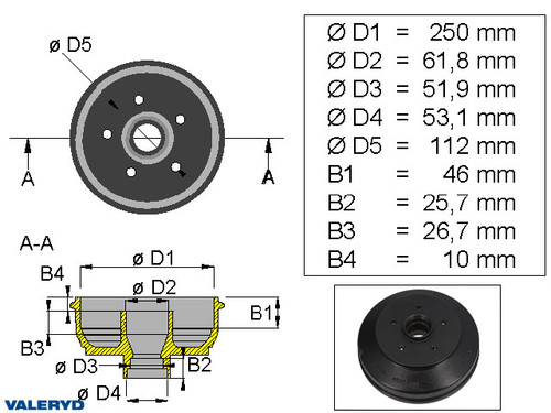 Brake drum 250x40 5x112 BPW S2504 1600 kg metric bearing  [1092009]