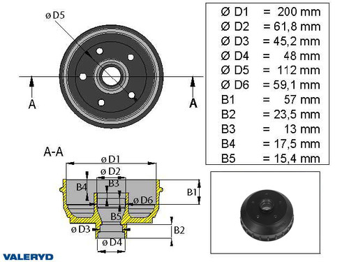 Brake drum 200x50 5x112 AL-KO incl. imperial bearing 