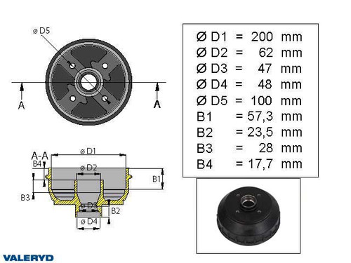 Brake drum 200x50 4x100 AL-KO incl. metric bearing  [1090033]