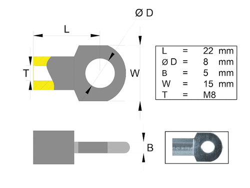 Hinge eye for gas spring stainless steel; L=22; M8 [6820042]