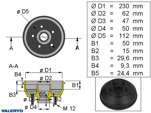 Bremstrommel 230*40 für mm-Radlager 5x112 passend für Peitz R234-76 (1.300 kg)