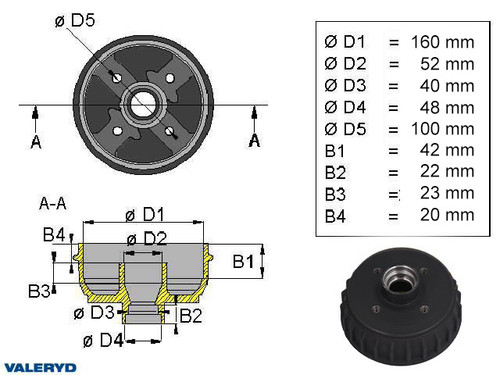 Brake drum 160x35 4x100 AL-KO incl. imperial bearing 