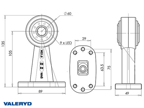 LED End outline marker WAŚ R/L 135x89x49 red/white 270mm Cable