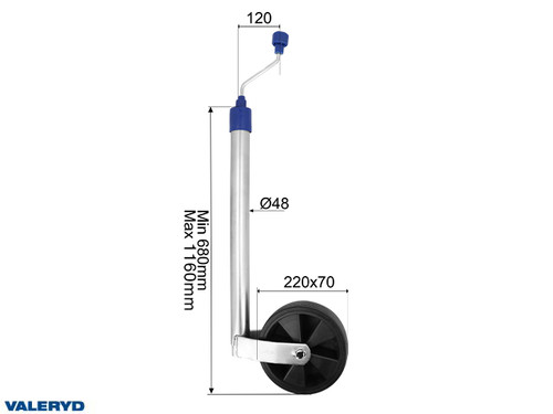 Jockey wheel Ø48 mm Plastic rim. Solid rubber wheel 220x70mm. Support load 150kg