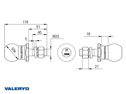 Ball 50 mm, M25 pin for tractors or beam brackets [6168025]