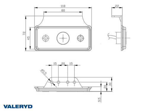 LED Side marking light Valeryd 118x72x30mm yellow 12-30 V with reflector incl. 450 mm cable  [3176014]