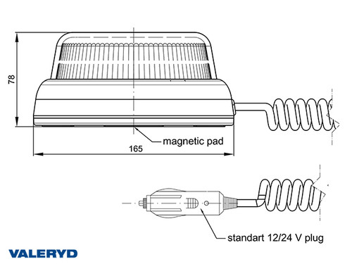 LED Warning light yellow 12- 24V Cable 3m connection for cigarette lighter. Magnetic mount [3110017]