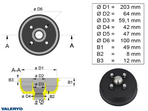 Brake drum 203x40 4x100 Knott imperial bearing 