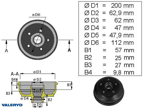 Brake drum 200x50 5x112 BPW/Peitz S2005-5 metric bearing 