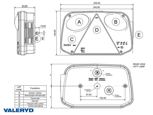 Tail light Radex 2800 Left 246x149x63 with number plate light, fog light [3010313]
