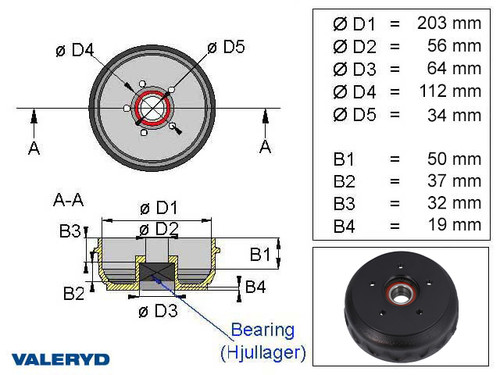 Brake drum 203,2x40 5x112 Knott Compact wheel bearing fits Avonride [1091003]