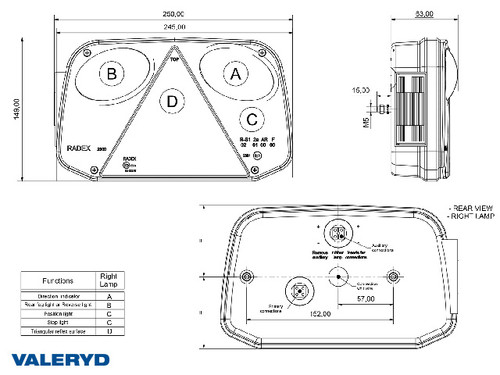 Tail light Radex 2800 Right 250x145x55 with reversing light. Bayonet connection  Tail light Radex 2800 Right 250x145x55 with reversing light. Bayonet connection