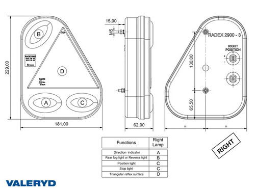 Tail light Radex 2900 Right 230x180x62 with number plate light and reversing light. Bayonet conn. 