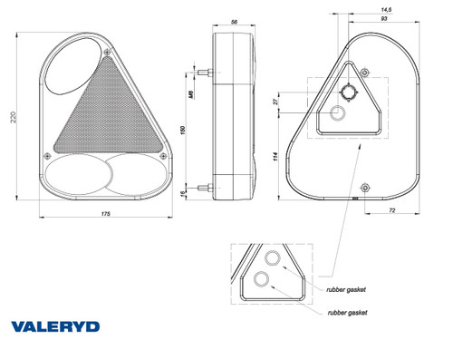 Tail light fits Jokon Ear Right 220x175x53 with reflector and reversing light , cable entry 