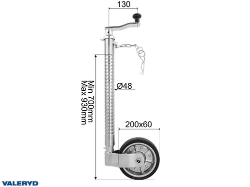 Jockey wheel SS Ø48 mm Metal rim. Solid rubber wheel 200x60 mm. Support load 200 Kg [2609001]