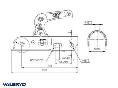 Coupling head 1200 kg Uni Ø35-40-45-50 mm tube crossed/horizontal hole template ; CC=40/54 mm