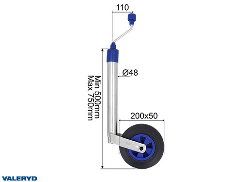 Jockey wheel Ø48 mm Plastic rim. Solid rubber wheel 200x50mm. Support load 150Kg [6659000]