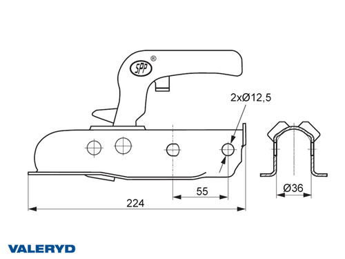 Coupling head 750 kg Ø36 mm tube , horizontal hole template CC=54mm [2292006]