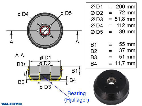 Doboš 200x50 5x112 Knott 1500kg, kompakt lager
