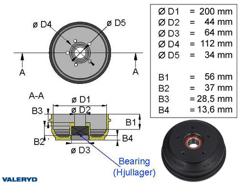 Brake drum BPW 200x50 5x112 S2005-7 1350 kg compact bearing