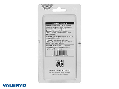 Wheel bolt Conical M12x1.5 Uni. Thread lgth 25mm. Tot.length 43mm. Size across flats 19mm (4 pack)