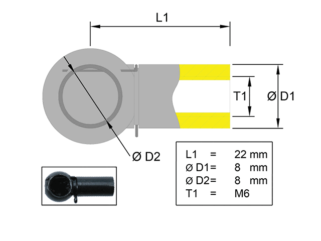 Prihvat za kuglu kutnog zgloba  Metall; L=22; Kugla Ø8; M6