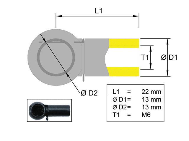 Prihvat za kuglu kutnog zgloba Metall; Duzina; L=22; Kugla Ø13; M6