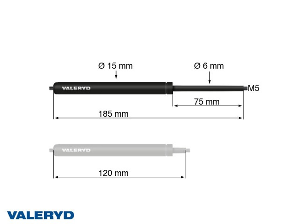 Gas spring Arctic L = 185 mm, L compressed = 120 mm, 300N, Ø15/6 mm, M5